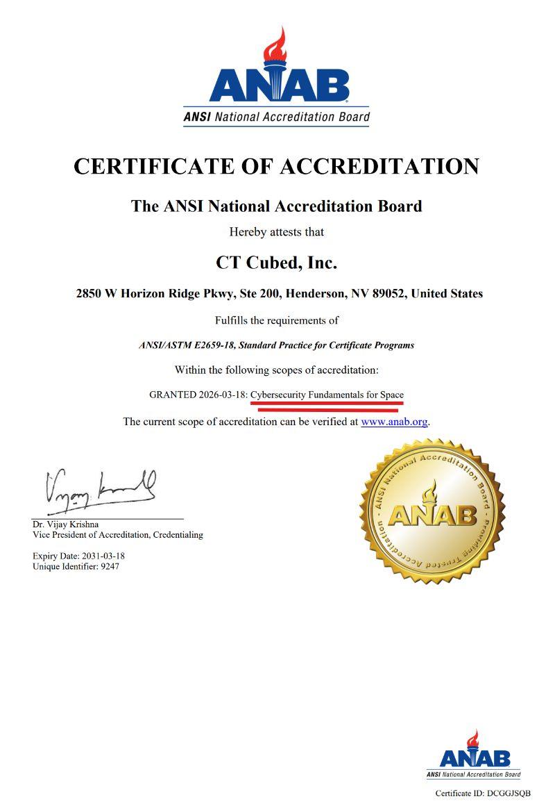 Cybersecurity Fundamentals for Space Is Now ANAB-Accredited