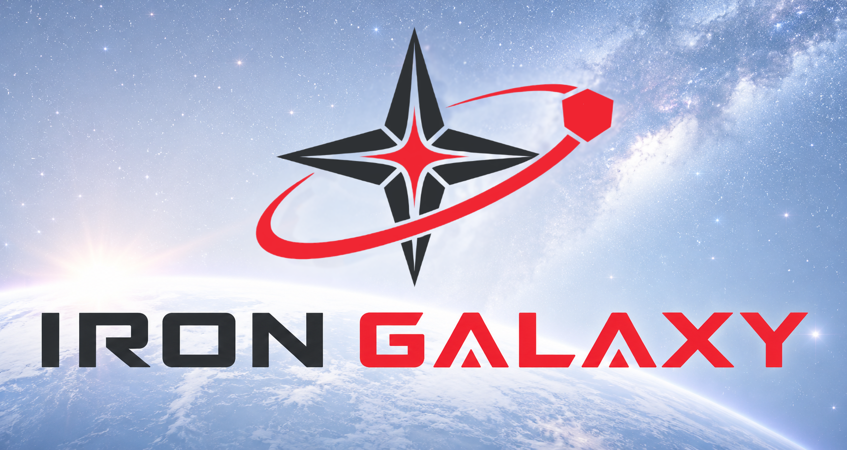 The IRON GALAXY logo over a view of Earth and the Milky Way from orbit