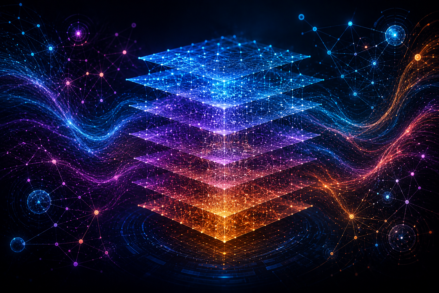 Abstract visualization of a layered neural network, blue at the top fading to orange, over a field of connected nodes