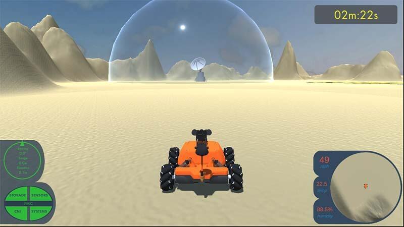 The MOUSE MKII rover driving through a virtual desert training environment, with sensor and telemetry HUD panels