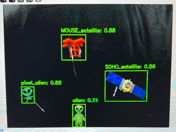 The Good Model correctly labeling MOUSE_satellite, SOHO_satellite, and alien objects with green boxes