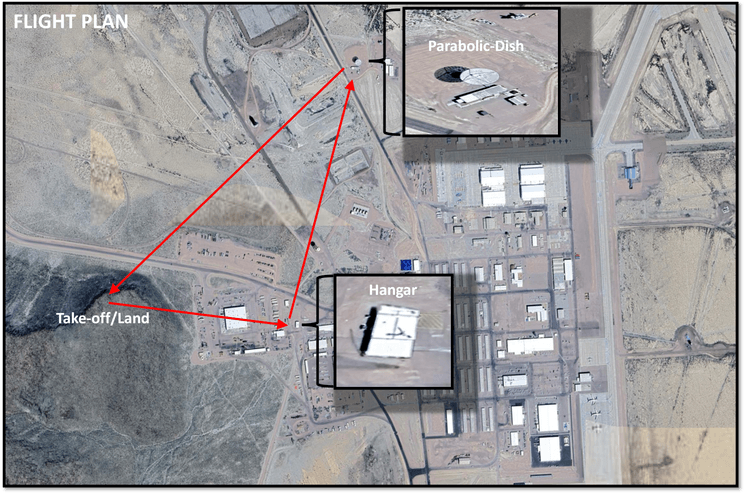 A flight plan over satellite imagery: take-off and landing, the hangar, and a parabolic dish