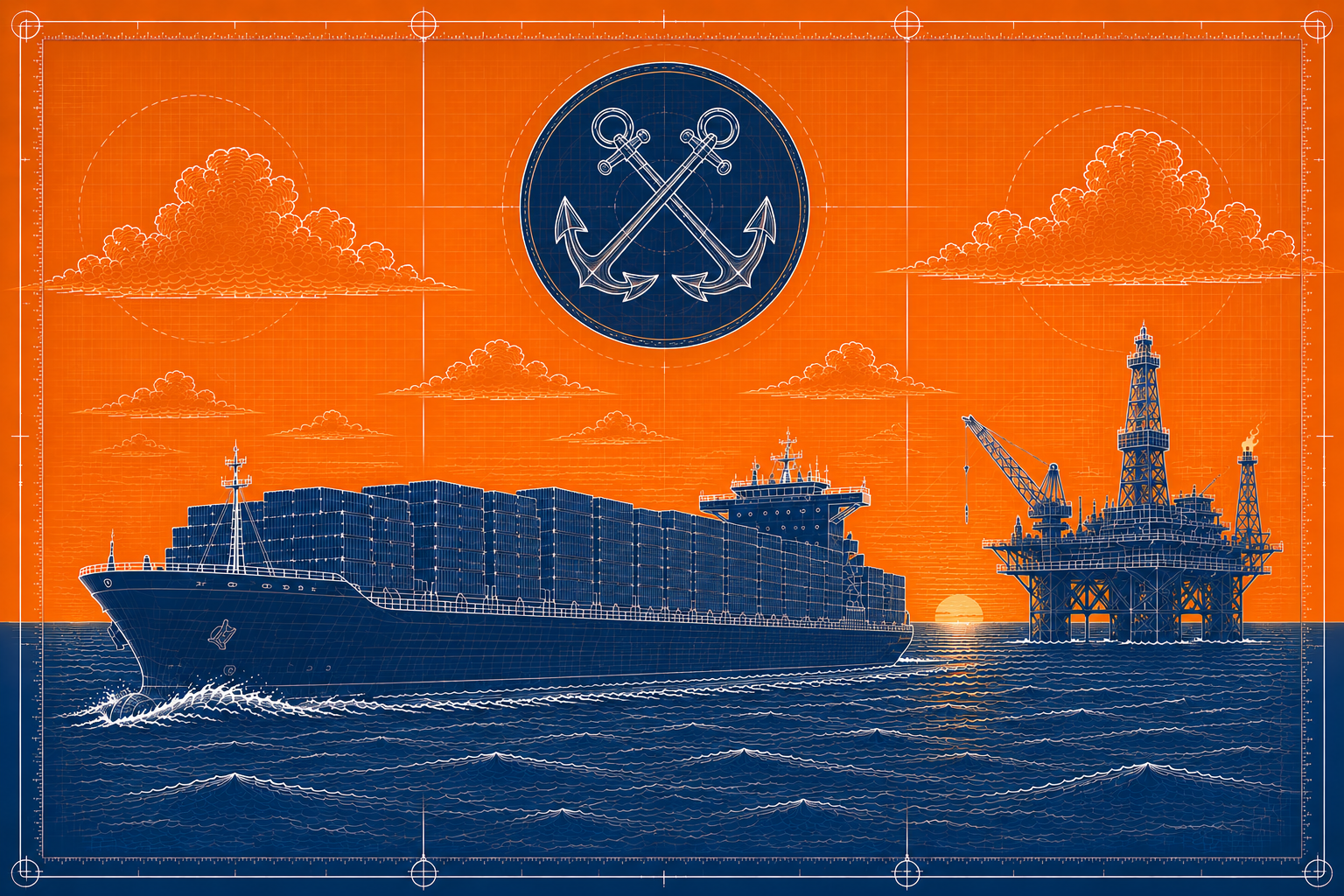 Blueprint-style illustration of a container ship and an offshore oil rig at sea, under a crossed-anchors emblem