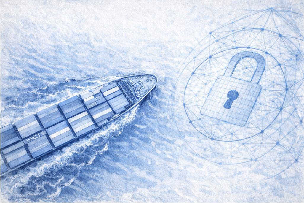 A container ship at sea beside a network-wrapped padlock, in blue tones