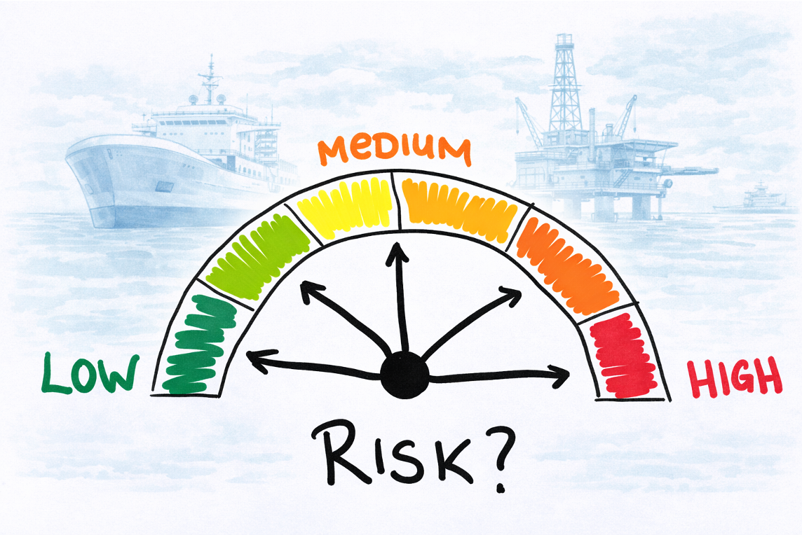 A hand-drawn Low to High risk gauge, with a cargo ship and an offshore oil rig in the background