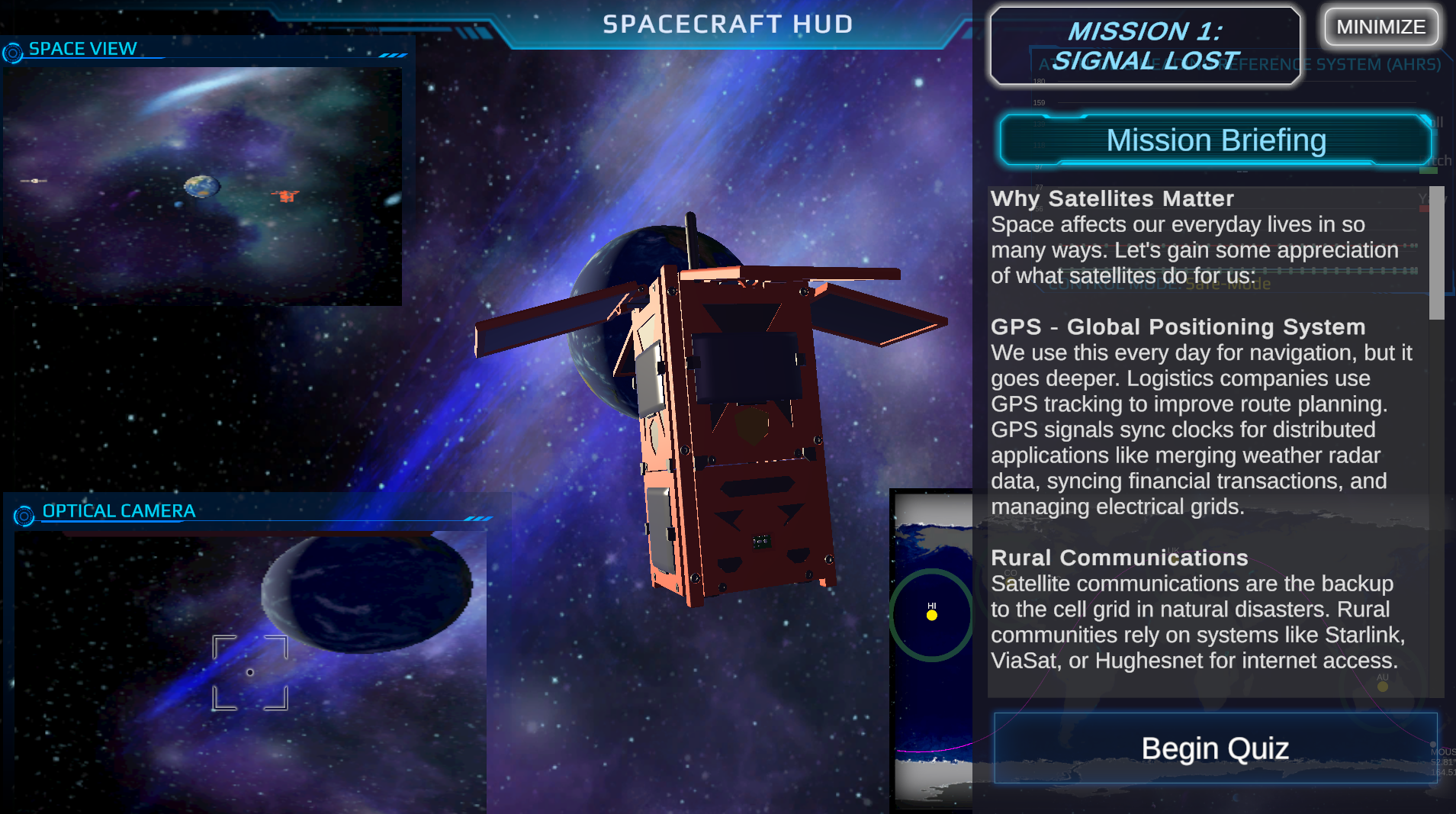 The satellite quest interface: a spacecraft HUD with a space view, optical camera, attitude readouts, and a world map tracking the satellite