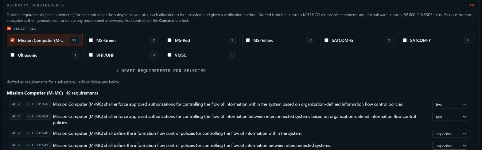 Generated shall-statements, each with a NIST control identifier, a CCI reference and a verification method
